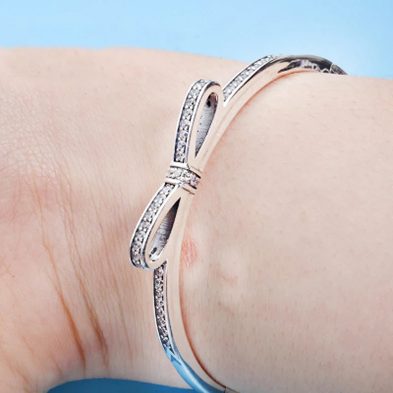 

Top Quality Sparkling Bow With Cubic Zirconia pan Bracelet Fit Women Bead Charm 925 Sterling Silver Bangle Europe Jewelry