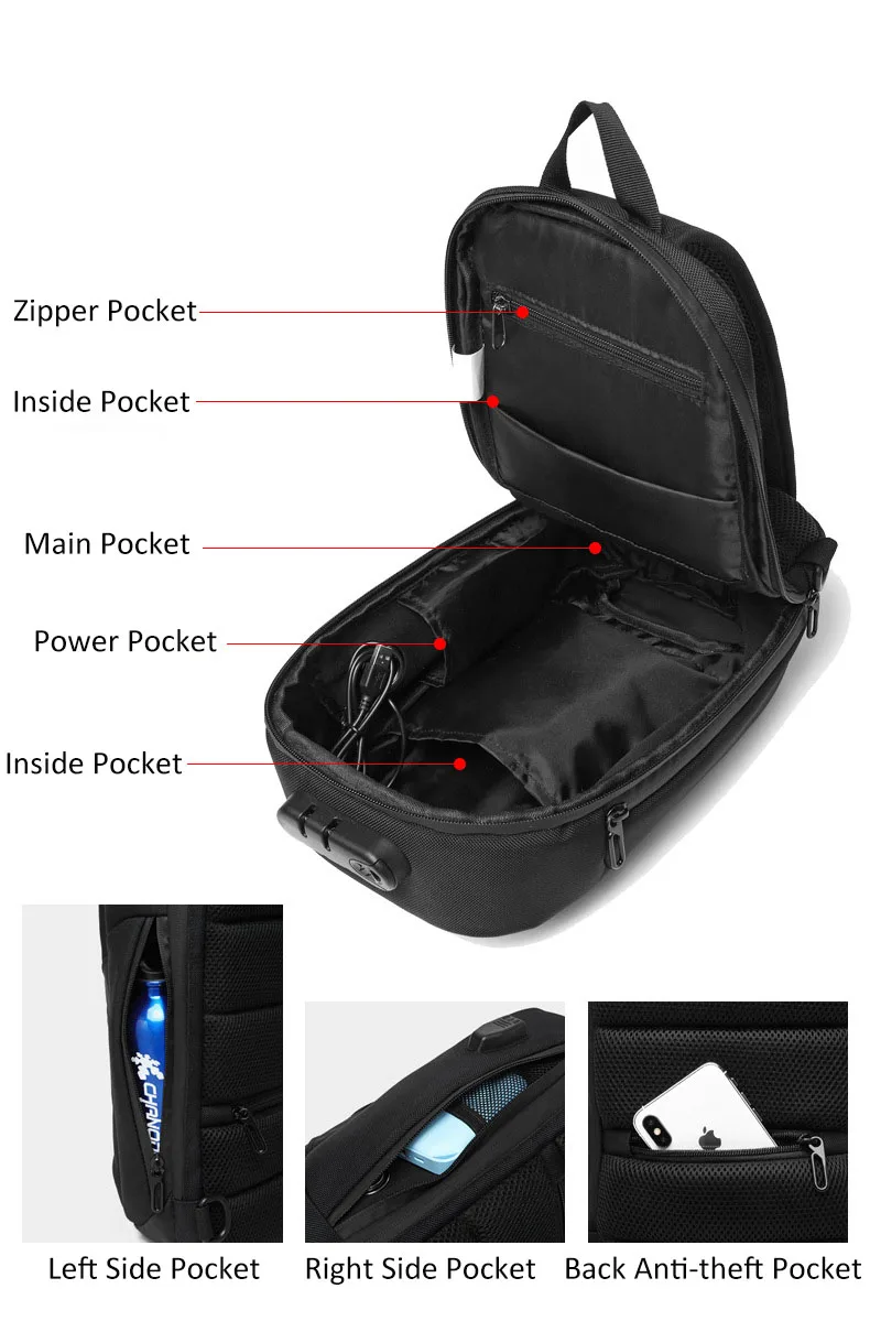 OZUKO Men's Messenger Bag Antitheft Waterproof USB Recharging Shoulder Crossbody Bags Chest Pack Male Sling Bag for Short Trip