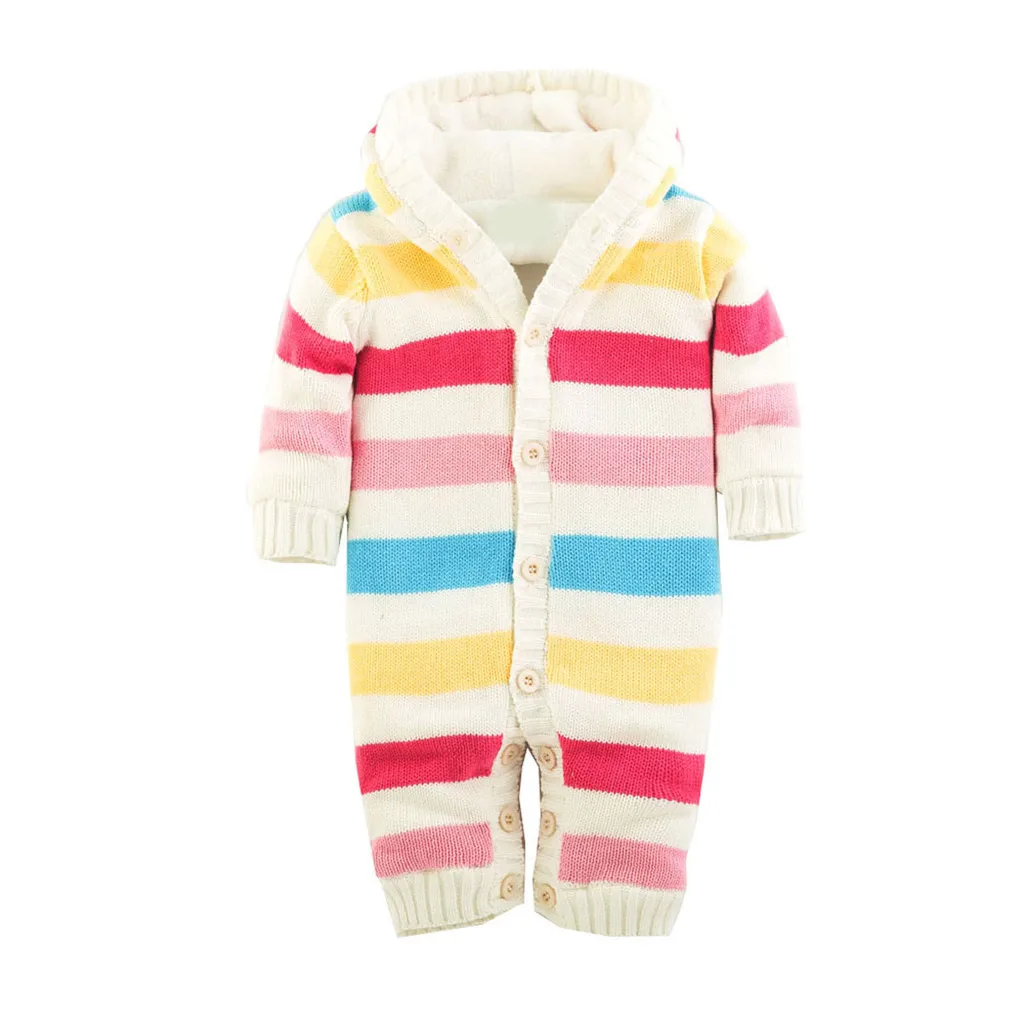 

Newborn Toddler Baby Boy Winter Jacket Warm Knit Striped Jumpsuit Hooded Sweater