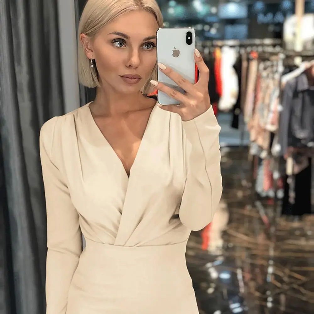 Женское летнее сексуальное платье с длинным рукавом и v образным вырезом