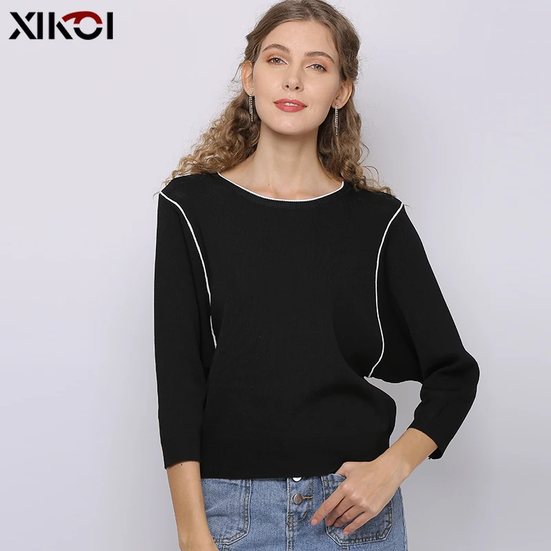 XIKOI весенние женские однотонные короткие свитера с круглым вырезом