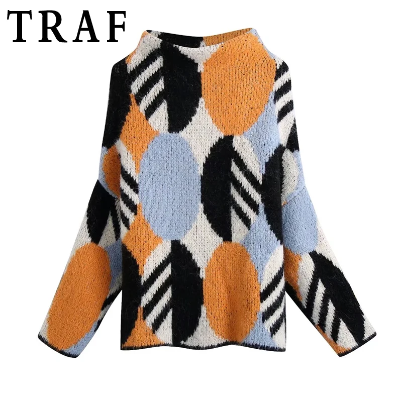 

Рождественский свитер TRAF 2021, женские вязаные Жаккардовые Зимние теплые свитера с высоким воротником, Женский Свитер оверсайз, Новогодняя Т...