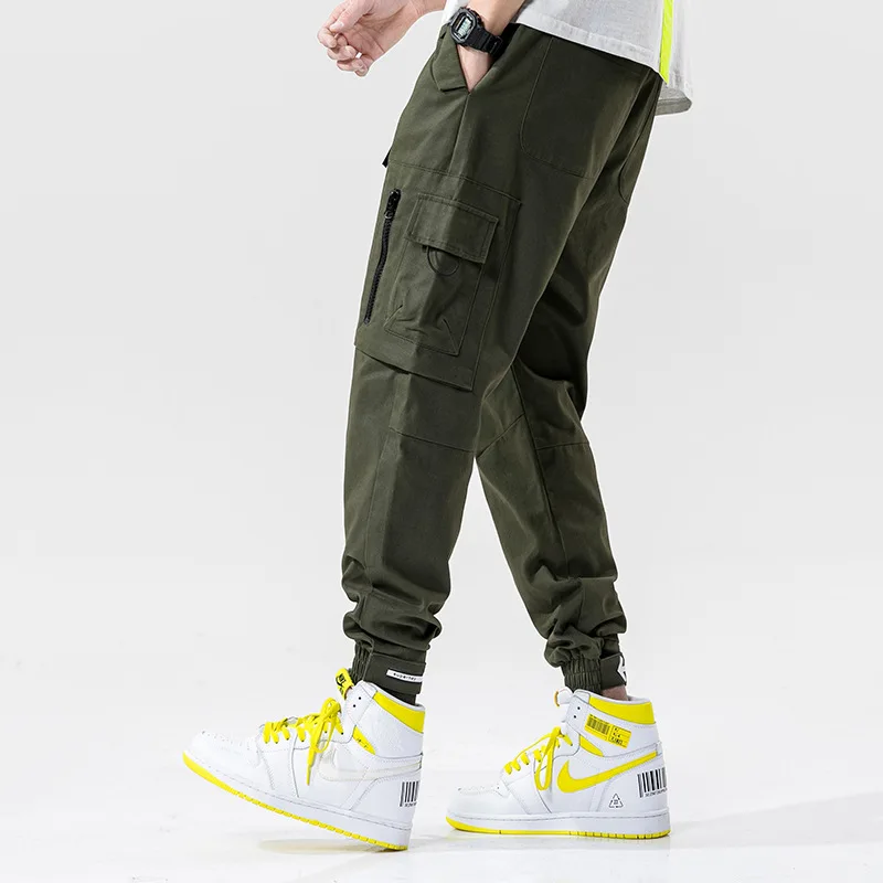 Мужские брюки для бега в стиле хип хоп черные и зеленые спортивные с боковой