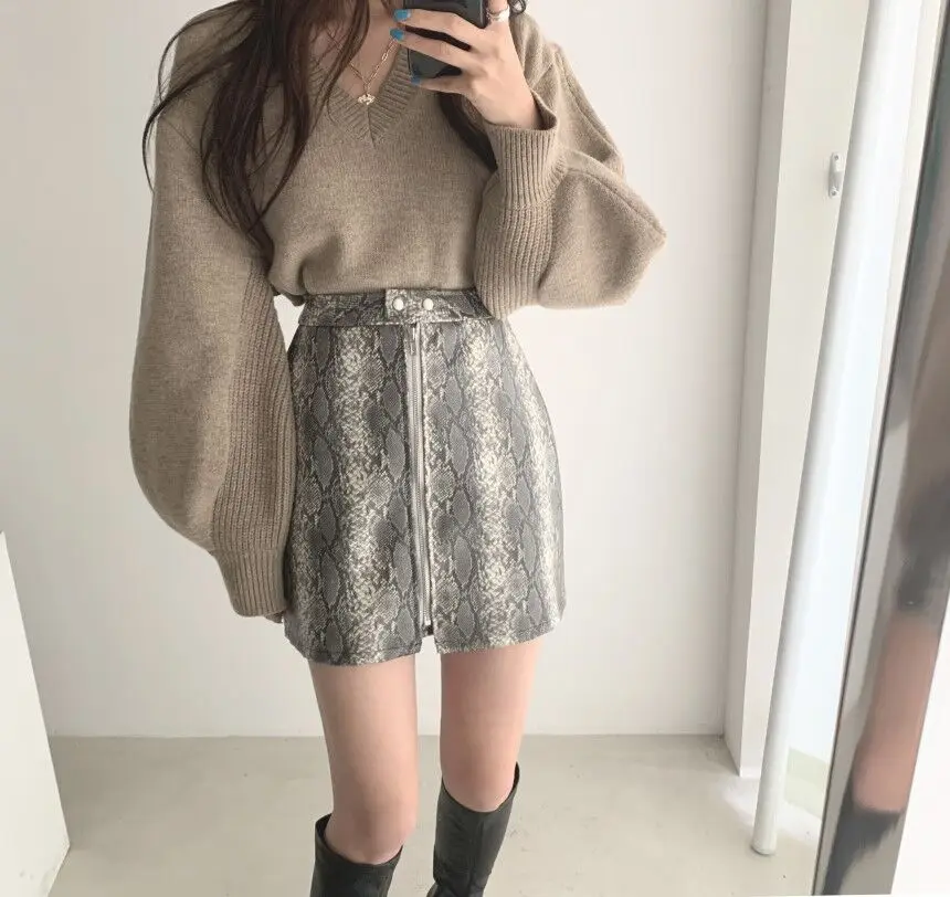 Korean Clothing Vintage Skirt and Top Set Women Long Sleeve Sweater Backless Belt Pullover And High Waist Woolen Mini Skrit |
