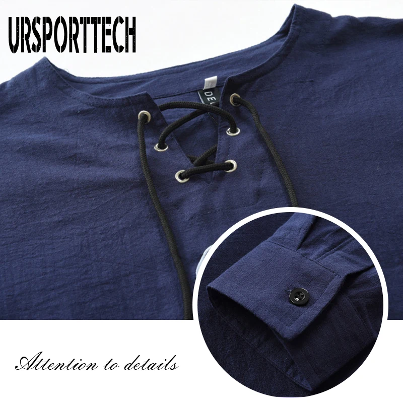 URSPORTTECH Cotton Linen Men's Shirt Top Ancient Viking Embroidery V Neck Long Sleeve Shirt Tops For Mens Clothing Plus Size 4XL