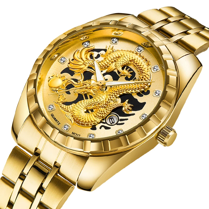 

Chinese Dragon Pattern Men's Watches Golden Embossment Waterproof Inlaid With Diamond Steel Band Quartz Watch For Men Wristwatch