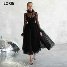 Lorie 2021 coração preto tule a linha vestido de noite mangas completas chá comprimento vestidos de baile feminino formal alta pescoço corações festa vestido (1)