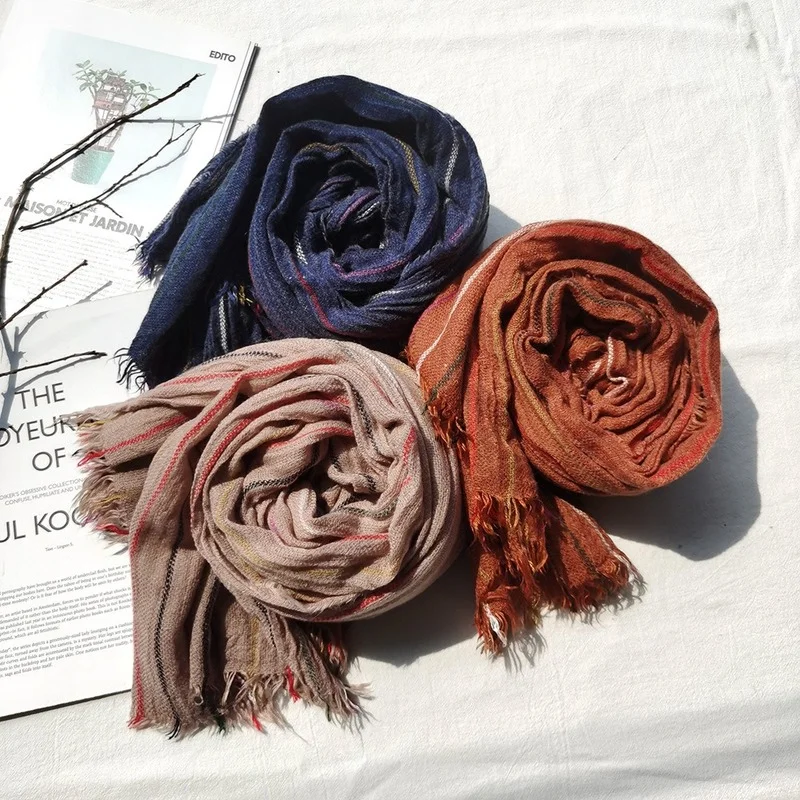 

Guests For Fixed Spinning 2021 Autumn/winter New Wool Scarf Female Striped Scarf Natural Slightly Wrinkled Cotton Foreign Trade