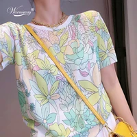 2021 new summer t shirt women knitted casual printing hollow out short sleeves top o neck slim thin kintwear b 011