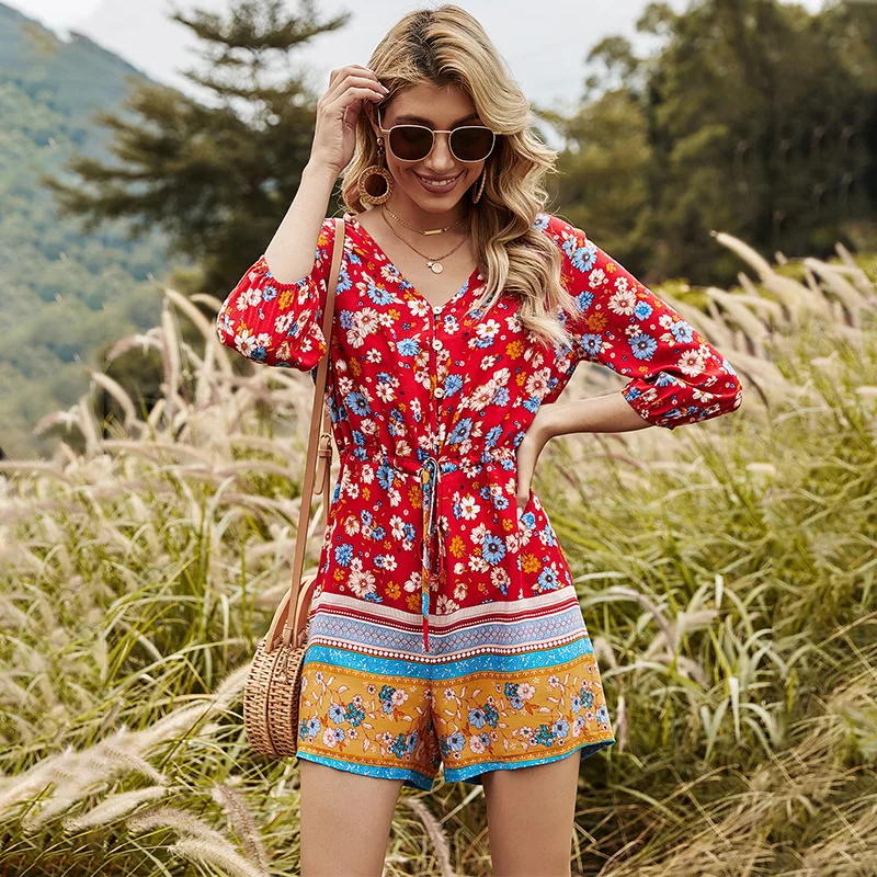 

Casual Sexy Red Women Jumpsuits 2021 V Neck Summer Beach Boho Female High Waist Rompers One Piece Floral Lace Up Playsuits