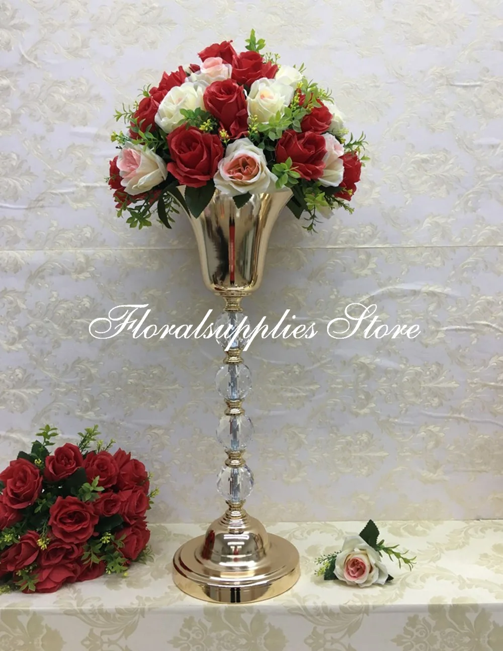 

60CM Height Gold Metal Crystal Flower Vases Wedding Table Centerpiece Flowers Rack For Marriage Home Decor 10 PCS/LOT