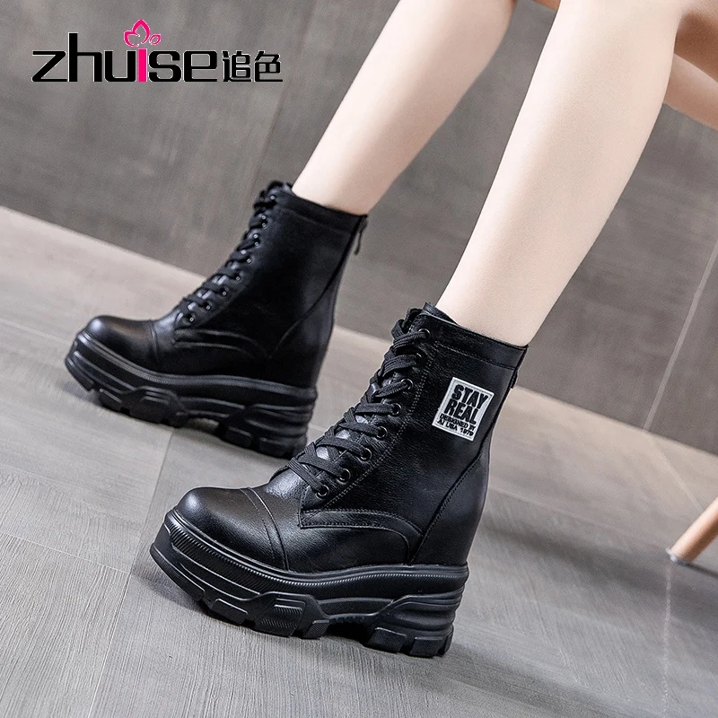 

10CM Fashion Top Cowhide Leather Shoes Autumn Martin Boots Platform Internal Increase High Heeled Boots In-tube Boot Women Boots