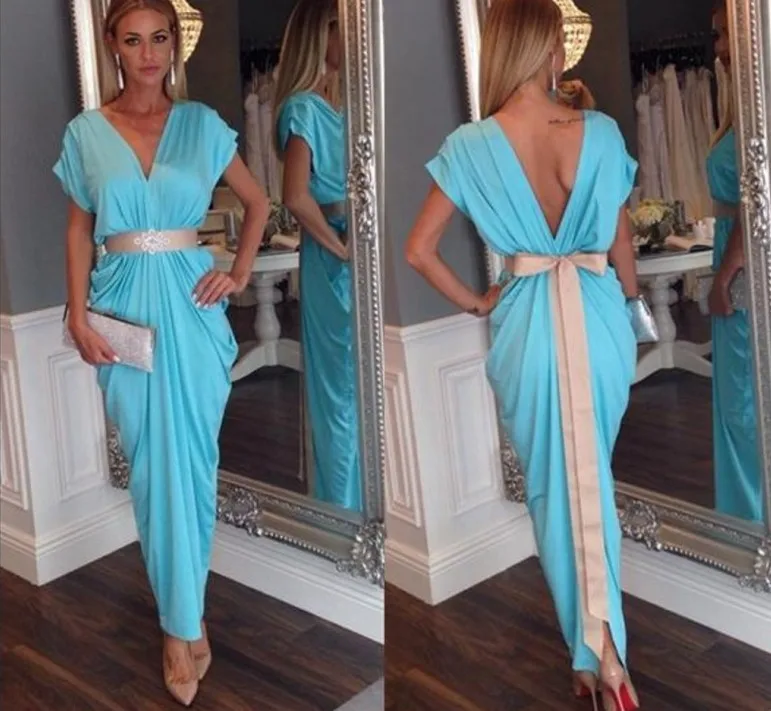 New Arabic Kaftan Sky Blue Sheath Evening Prom Dresses Arabic Abaya Dubai Long Sexy V-Neck Formal Party Gowns robe de soriee