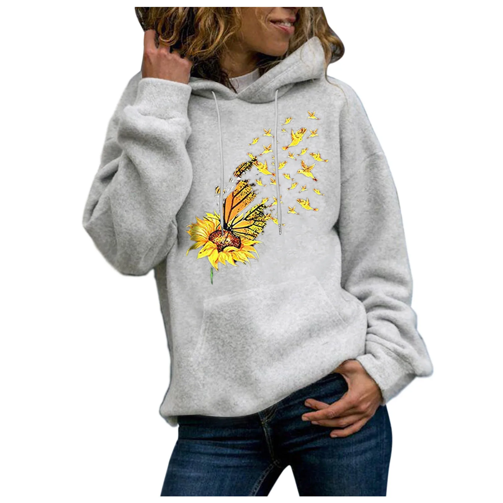 59# Womens Flower Print Long Sleeve Hoodie Sweatshirt Streetwear Hooded Pullover Tops Blouse Sudaderas Mujer Moleton Feminino