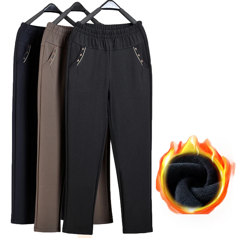 

Autumn Women Trousers Elastic Waist Straight Pants Loose Plus Size 5XL Middle-aged Female Winter Plus Velvet Warm Casual Pants