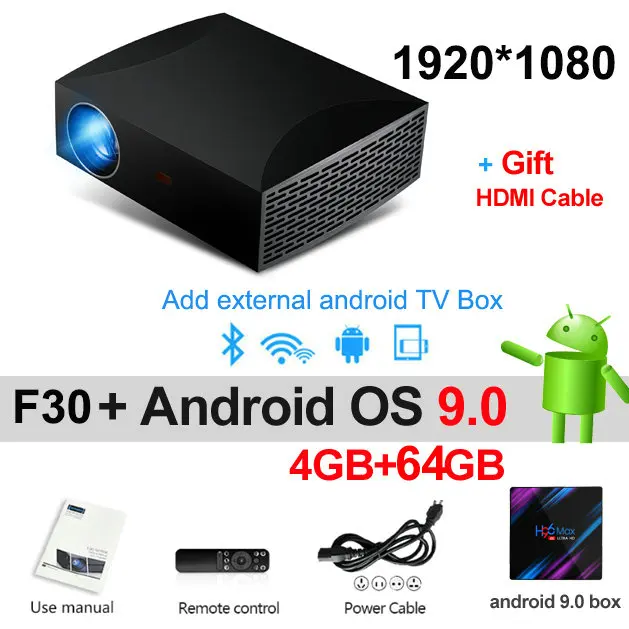 Android9 64G Vivicine F30 1920X1080 Full HD проектор, HDMI USB PC 1080p светодиодный домашний мультимедийный видеопроектор - Цвет: Android9 64G