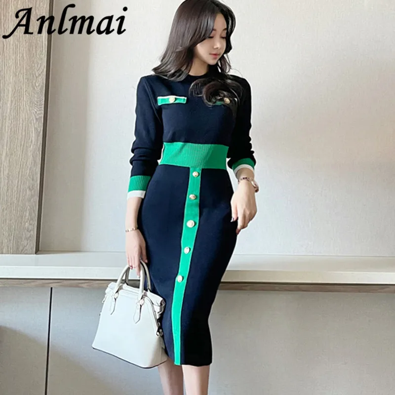 

New Autumn Winter Women Single Breasted Knitted Dresses Korean Style Temperament Slim Elegant Sweater Dresses Vestidos