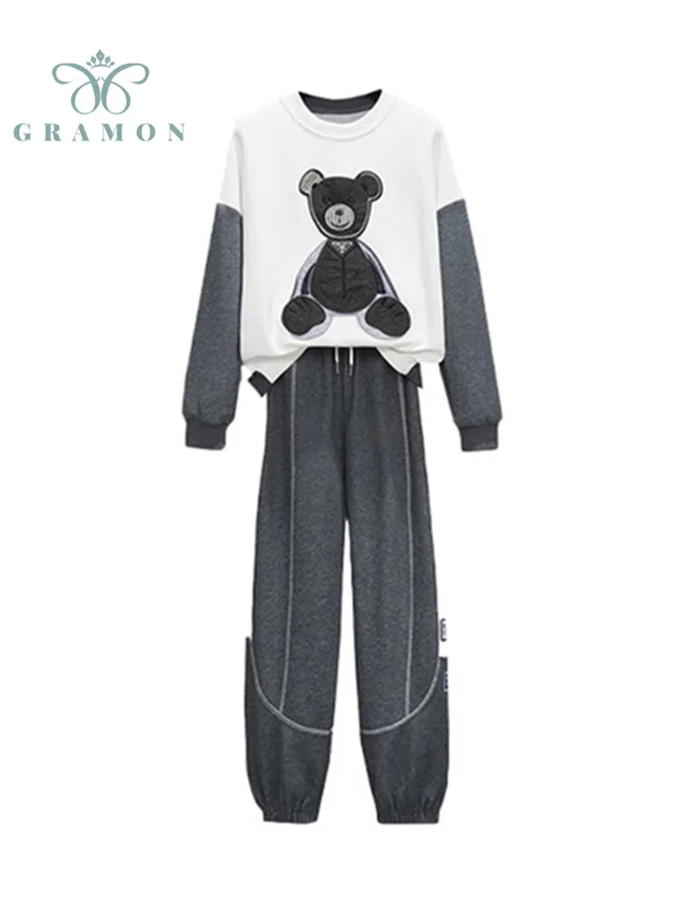 

Womens Plus Size Conjuntos Kawaii Cartoon Bear Hoodies And Loose Sweatpants 2021 Autumn Fashion Two Piece Sets Femme Pant Suits