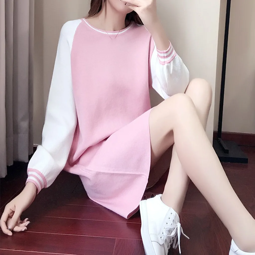 Женское осеннее платье с круглым вырезом повседневное свободное короткое