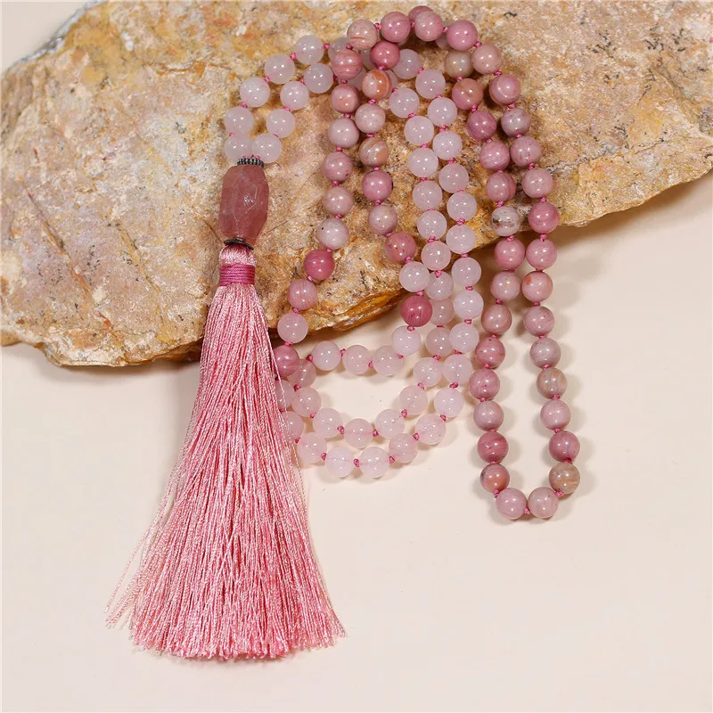 

108 Beads Mala Natural Stone Pink Long Tassel Necklace Women Meditation Necklace Handmade Bead Knotted Yoga Necklace Dropship