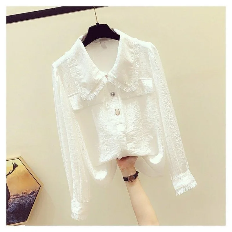 Women 2021 Spring New OL Style Patchwork Peter Pan Collar Hollow Out Blouses Female Elegant Workwear Chiffon Tops Shirts T02