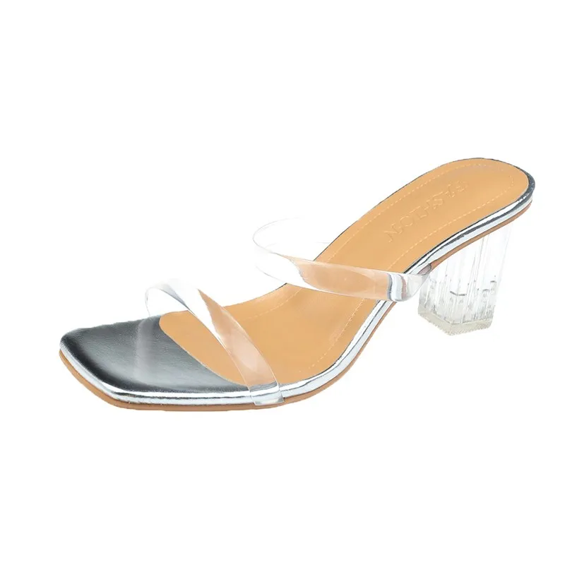 

Summer High Heels Women Shoes Fashion Transparent Sexy Hollow Breathable Slippers Square Toe FemaleClear Slides PVC Ladies Shoes