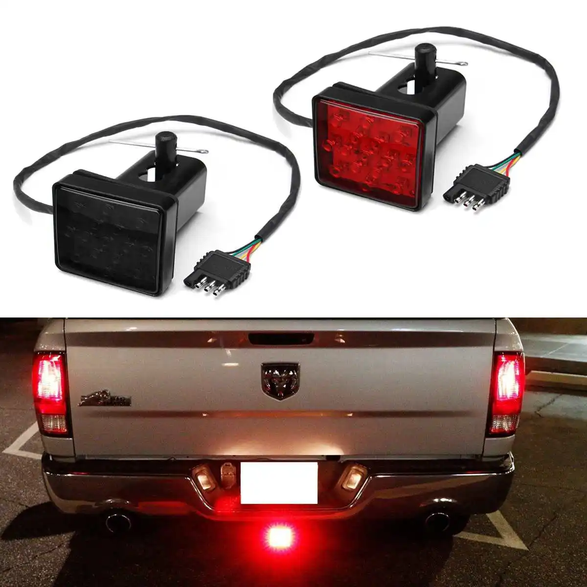 

1xTruck Trailer Hitch Cover With 15LED Brake Light Fit 2" Receiver Trailer Hitch Receiver Cover Tube Towing with Stop Tail Light