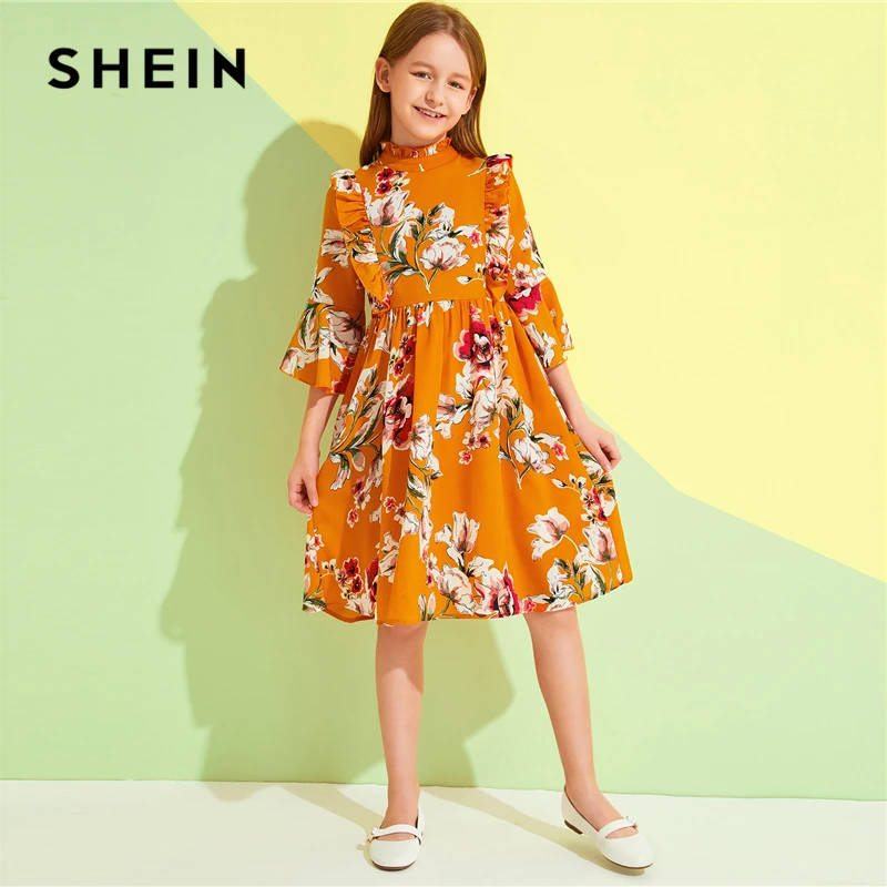 SHEIN/детское милое платье для девочек со стоячим воротником с цветочным принтом и рюшами; коллекция года; летние платья до колена с рукавами-воланами