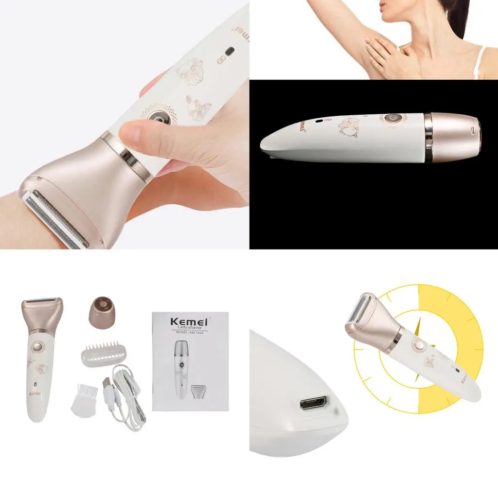 

kemei Lady Shaver Painless Wet Dry Trimmer Epilator USB for Face Bikini Underarms Dual Purpose Epilator Washable Blade