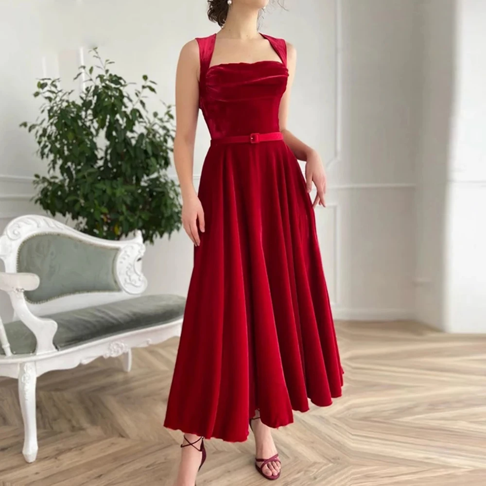 

2021 Elegant Burgundy Ankle Length Pleats A-Line Evening Gowns Square Neck Custom Made Color Party Prom Dresses