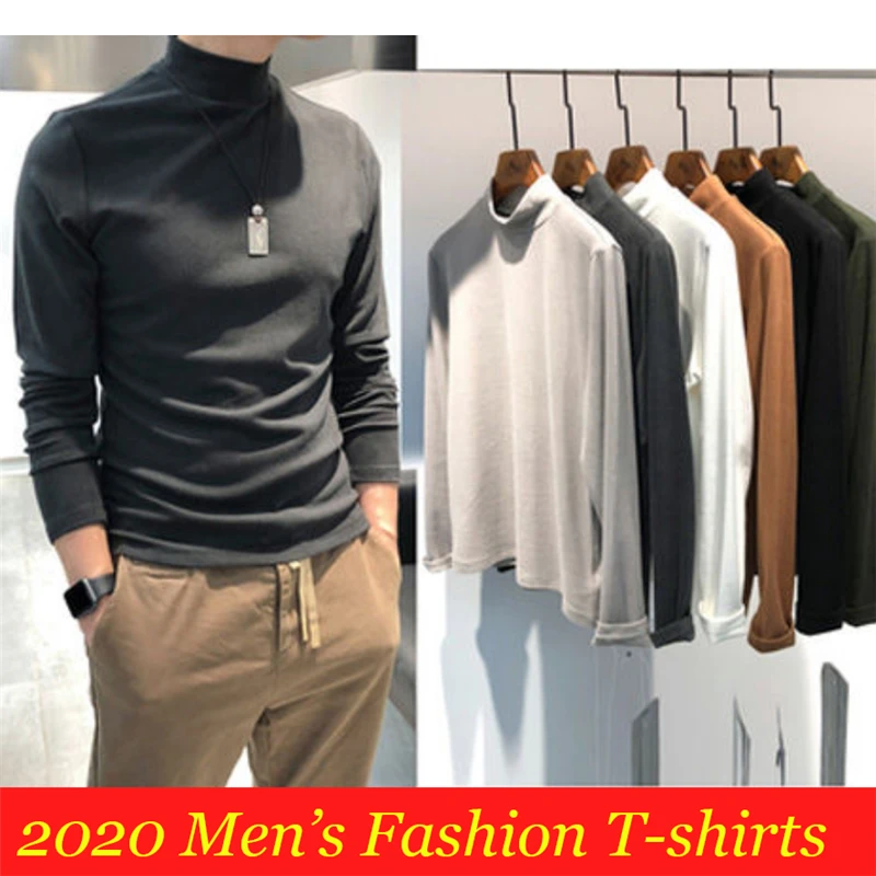 

Casual Tshirts Men Long Sleeve Pullovers Half High Neck Autumn T-shirts Masculinas Male Solid Tees Camisetas De Hombre 2020
