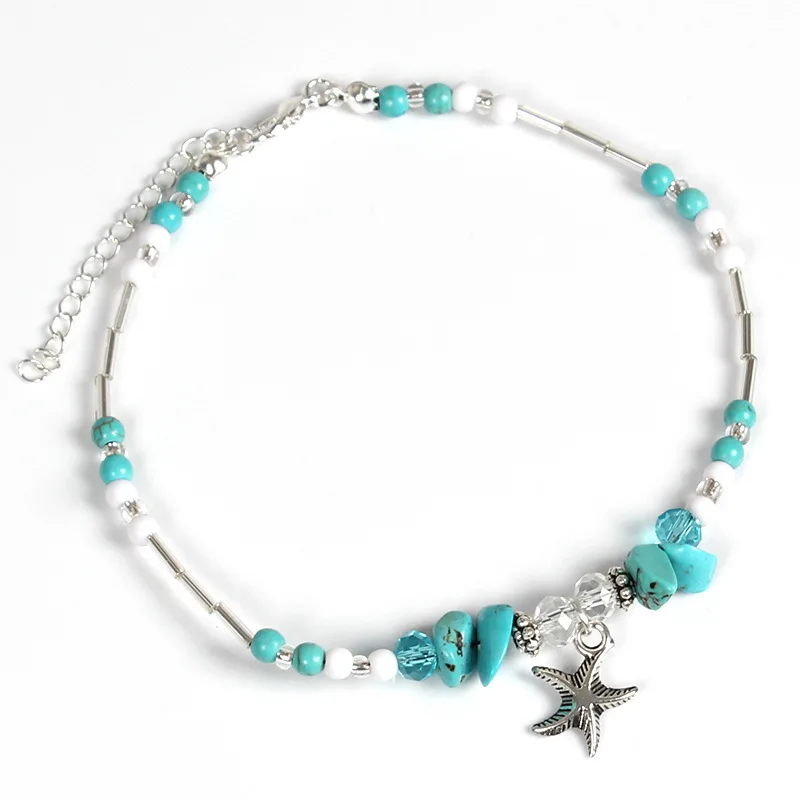 Simple Natural Stone Beads Anklet Bracelet for Women Bohemian Alloy Crystal Starfish Beach Foot Chain Anklets Jewelry|Анклеты| |