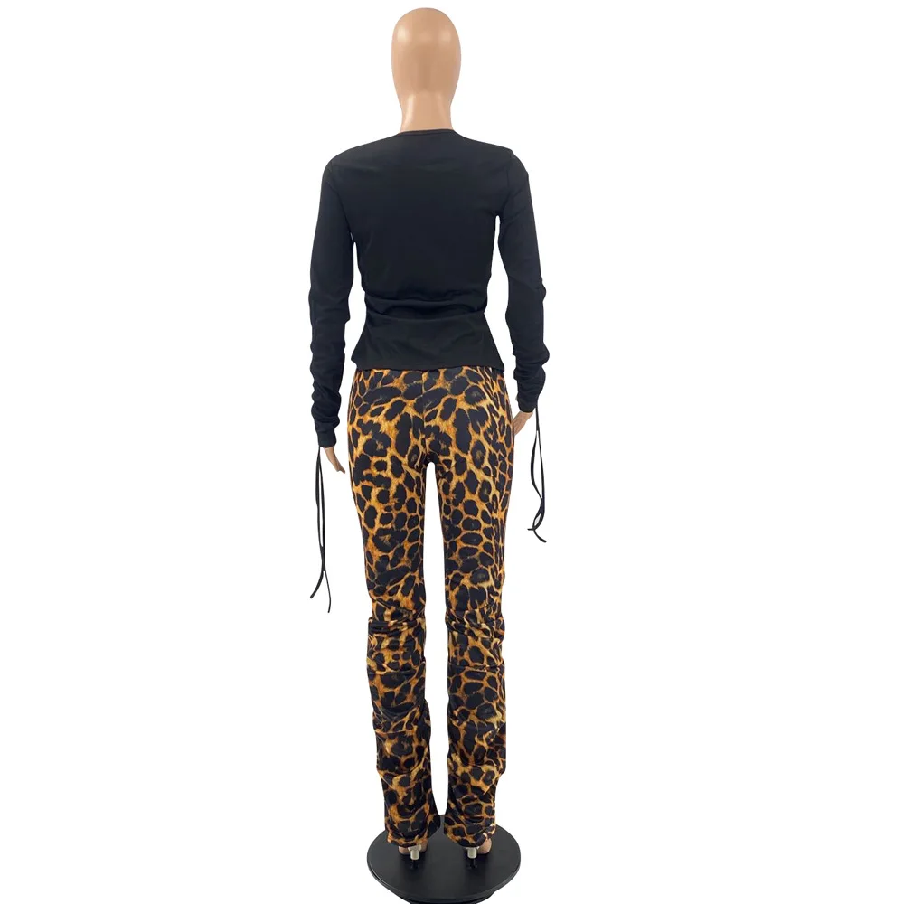 

2 Piece Outfits Women Sweatsuit Solid Black Top Leopard Stacked Leggings Joggers Tracksuit Matching Set Wholesale Dropshipping