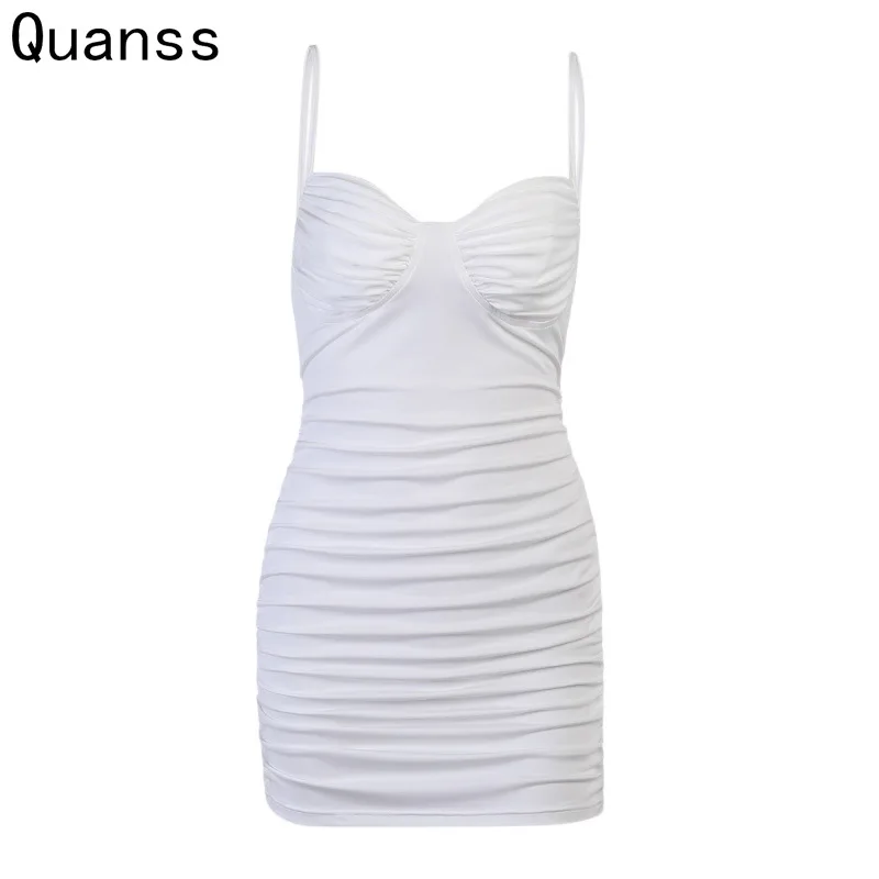 

Летнее платье Quanss, 2021, сексуальное облегающее платье без бретелек, элегантное короткое платье для клубной вечеринки, белого, черного цвета, ...