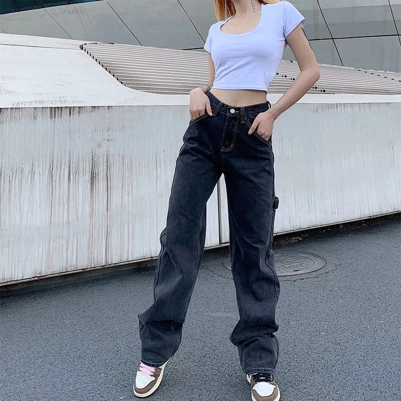 

2021 New Smoke Grey Bf Retro Casual High Waist Wide Legs Ins Straight Barrel Baggy Jeans Woman