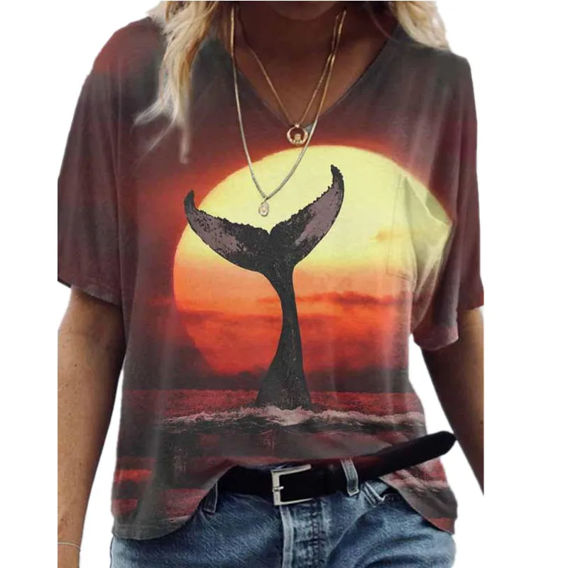 

Oversize Women T Shirt Summer Casual Landscape Print Streetwear V-Neck Short Sleeve Pockets Loose Tee Tops Plus Size Ladies Tees
