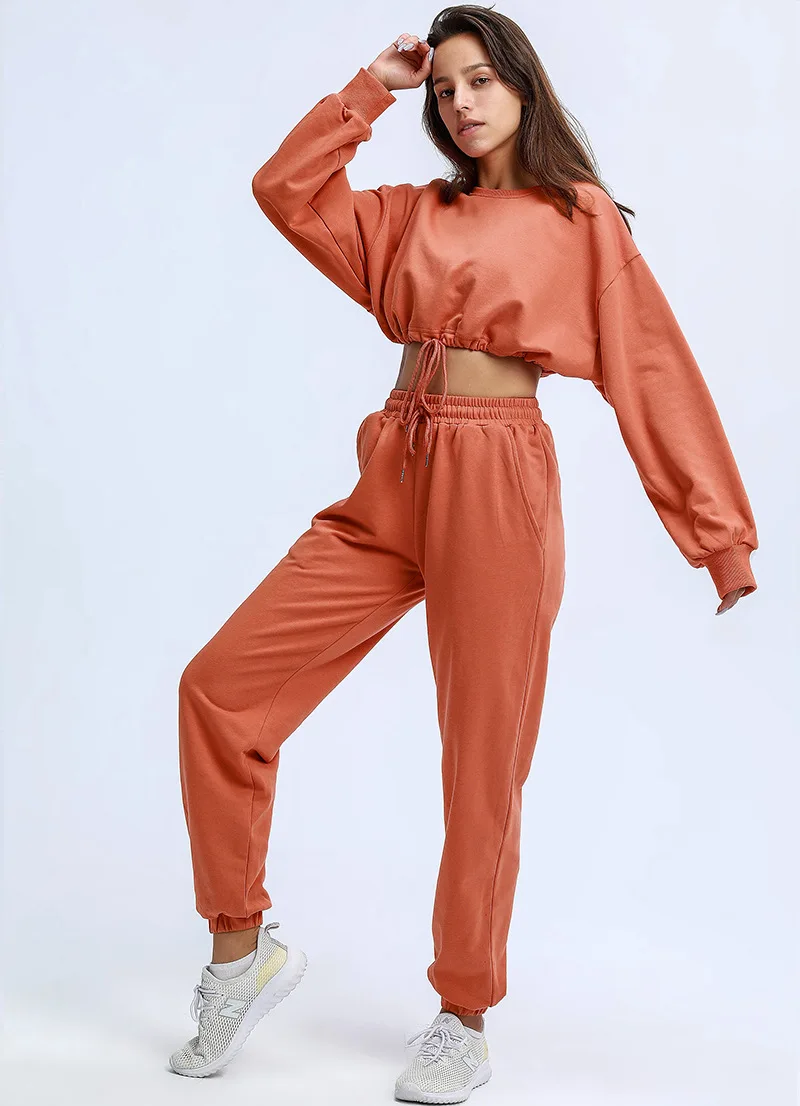 

European and American Women's Solid Color Hoodie Navel Leisure Sports Two Suits Solid Color Long Sleeve Harajuku Sportswear