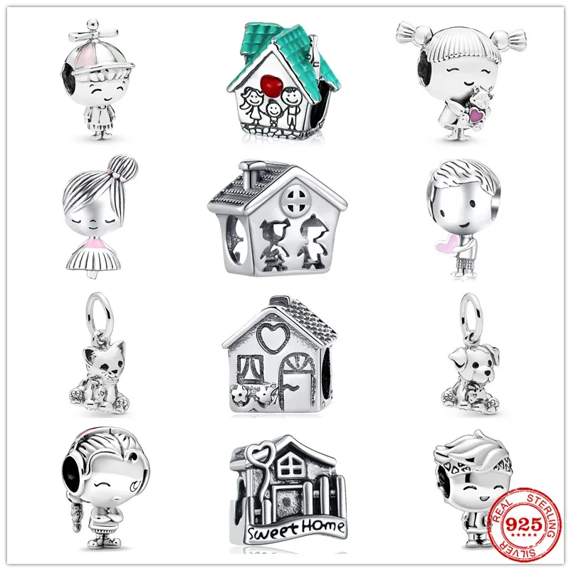 925 стерлингового серебра семьи милый дом Маленький мальчик и девочка собак кошек