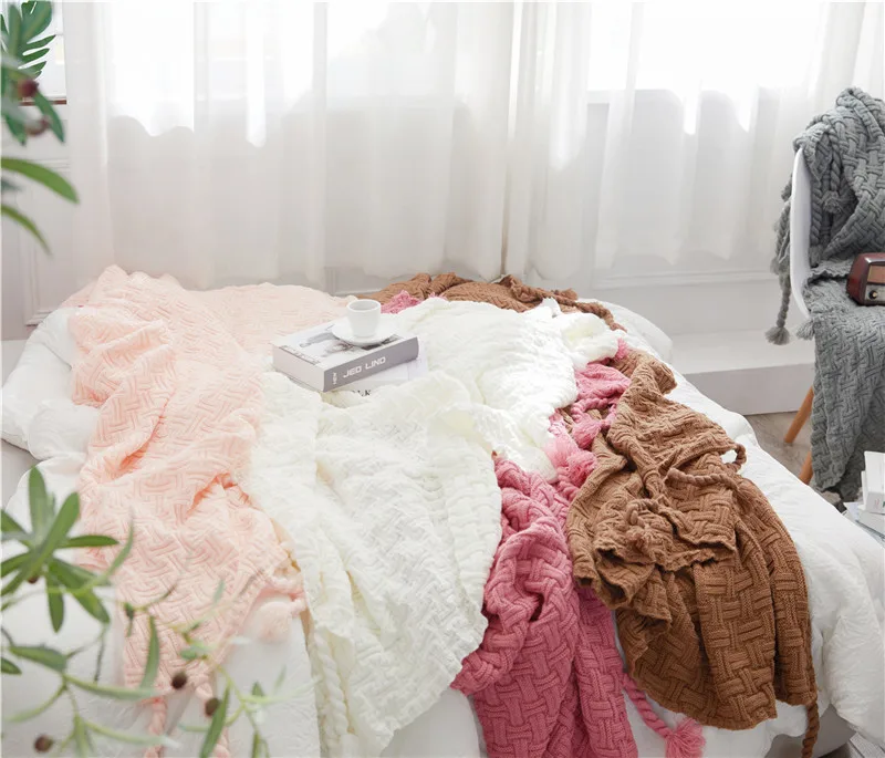

Solid Color Woven Blanket with Tassel Summer Home Air-conditioning Throw Blanket Sofa Bed Knee Cover Blanket