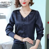 2021 spring new long sleeve multi button imitation silk shirt v collar solid women blouse heavy stretch satin women blouses 8000