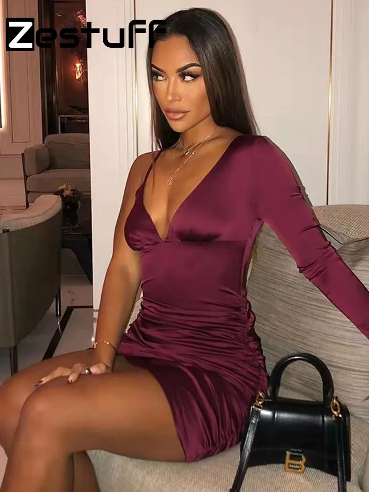 

Zestuff Fall Autumn Satin One Shoulder V-Neck Mini Elegant Dress Stretch Club Outfits For Women Ruched Long Sleeve Sexy Dress