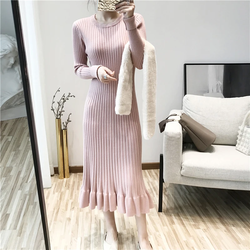 

Осенне-зимнее плиссированное платье-свитер, женское элегантное вязаное платье с круглым вырезом и длинным рукавом для женщин, длинное плат...