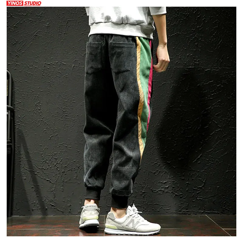 Мужские брюки шаровары с полосками сбоку повседневные черные бархатным