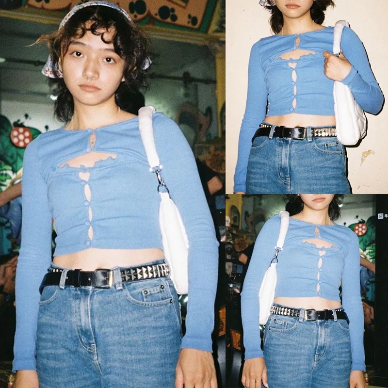 

Sexy Hollow Long Sleeve Short Navel T-Shirt Top Blue