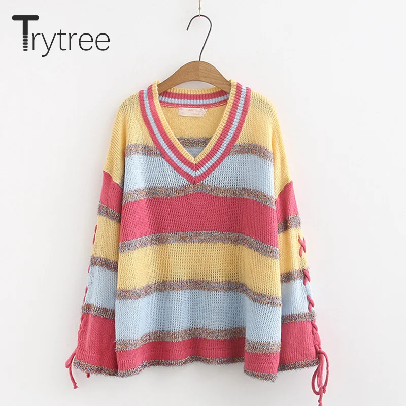 Trytree/осенне-зимний женский свитер Повседневный с v-образным вырезом в полоску