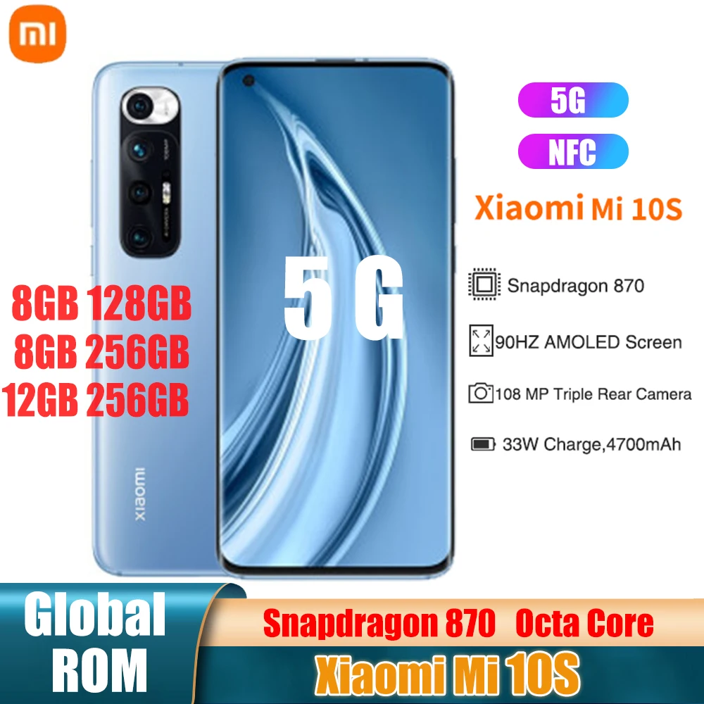 Xiaomi Mi 10S 5G Smartphone Snapdragon 870 CPU 108MP 4 kamera 90HZ yenileme AMOLED ekran 4780mAh pil NFC orijinal küresel ROM