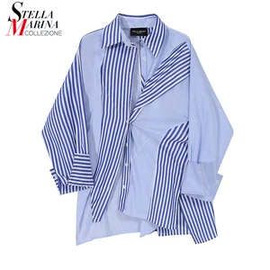 Женская Асимметричная блузка, Повседневная голубая рубашка большого размера с длинными рукавами в Корейском стиле, модель 2020, 6664