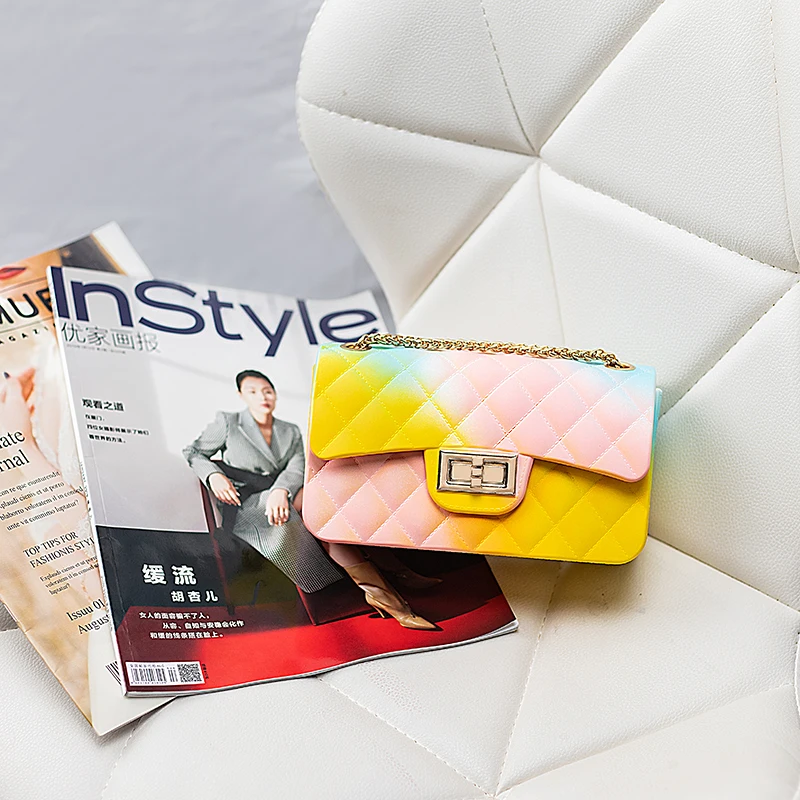 New Jelly Small Square Bag Clutch Purse Women's Bag Messenger Bag Gradient Rainbow Rhombic Chain Shoulder Crossbody Bag