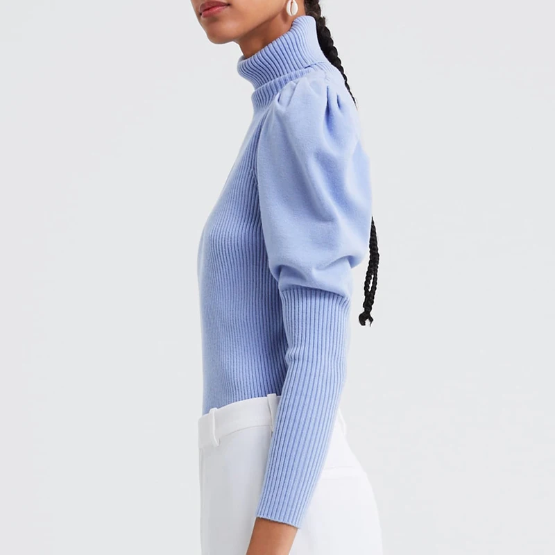 YNZZU Turtleneck Blue Balloon sleeve Women sewater Autumn Winter Slim Pullover Female Knitted pullover tops Jumper YT680 | Женская