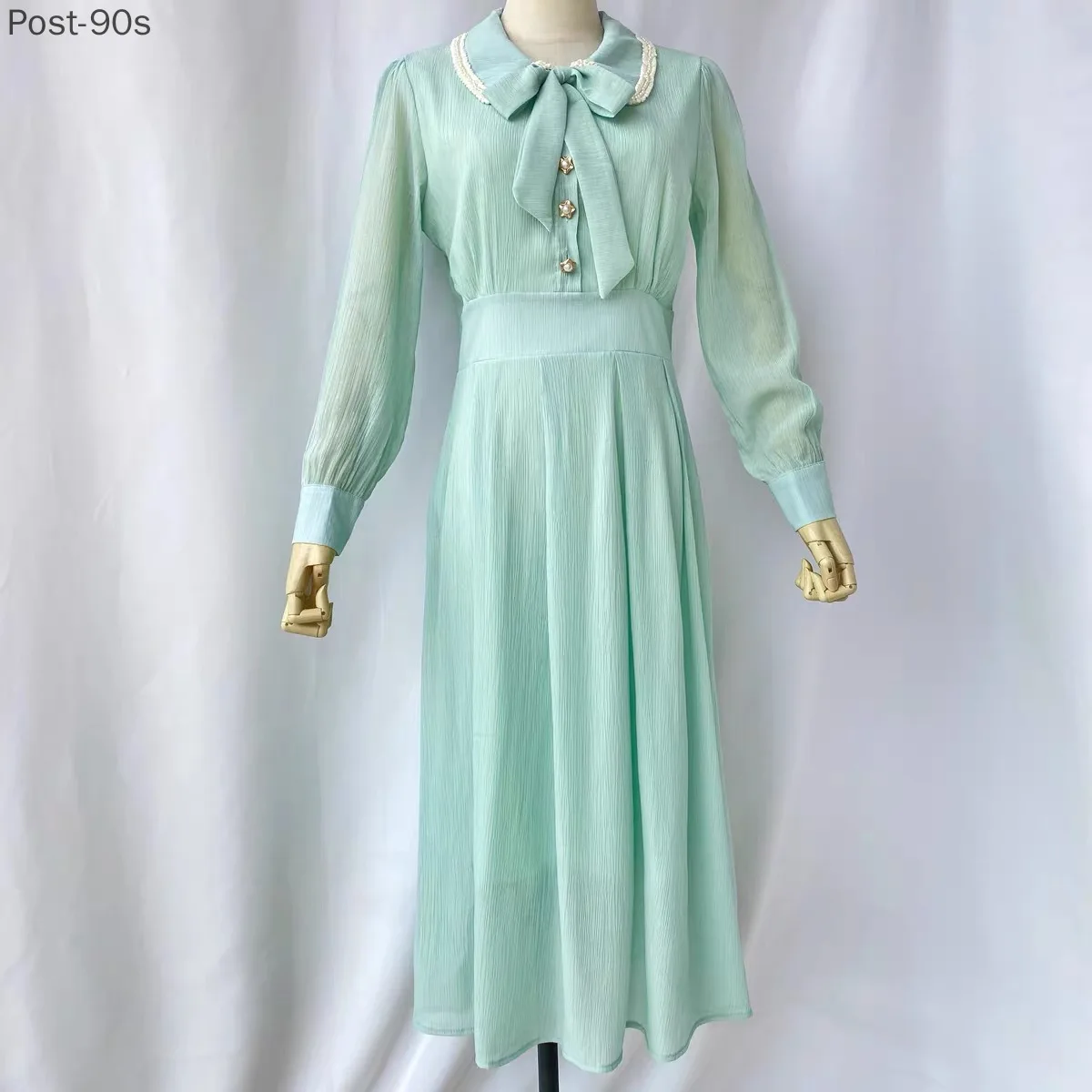 

French Retro Dress Women Casual Ruffled Collar Long Sleeve Vintage Bow Solid Fairy Chic Party One-Piece Dress Women Korean Style